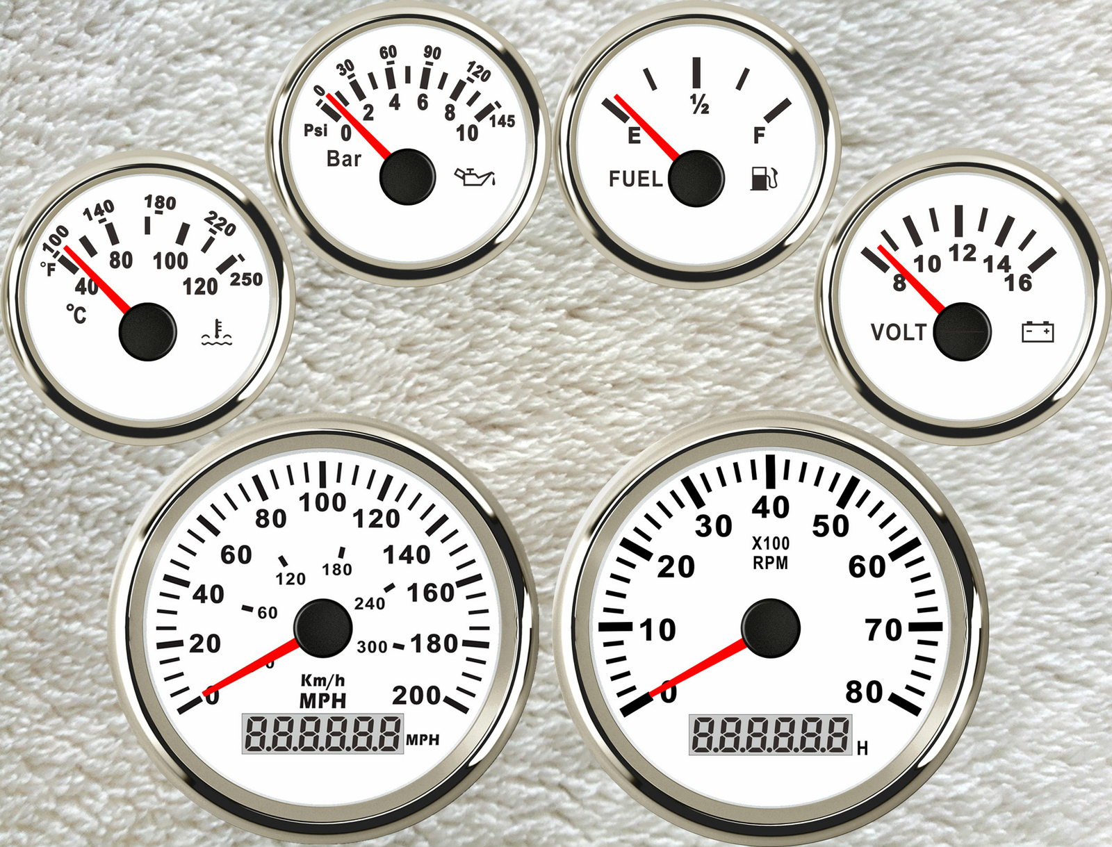 6 gauge set 0-200mph 300km/h speedometer tacho fuel temp volt oil pressure white