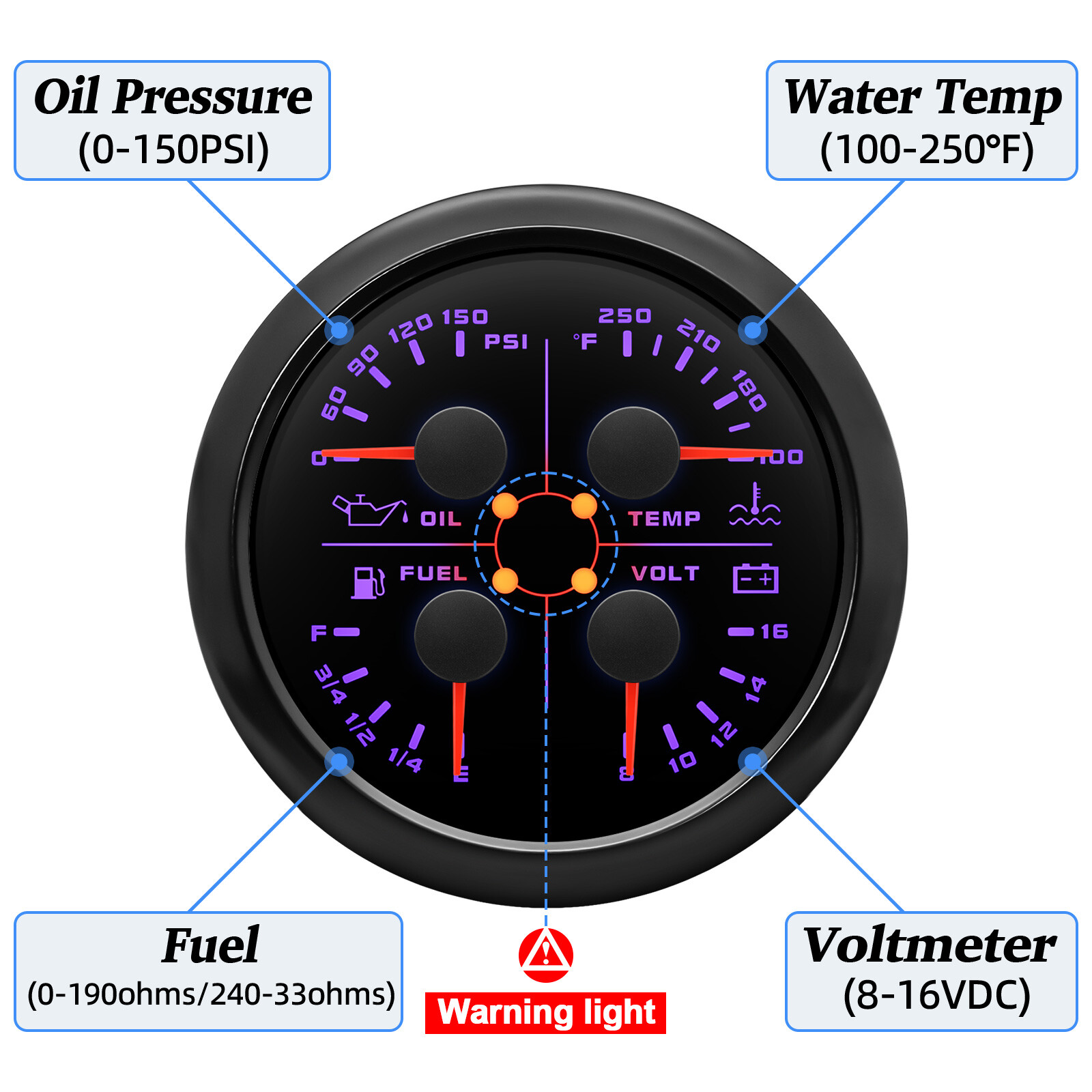 85mm Black 4in 1 Gauge Fuel Level 240-33ohms Water Temp Oil Pressure Voltmeter