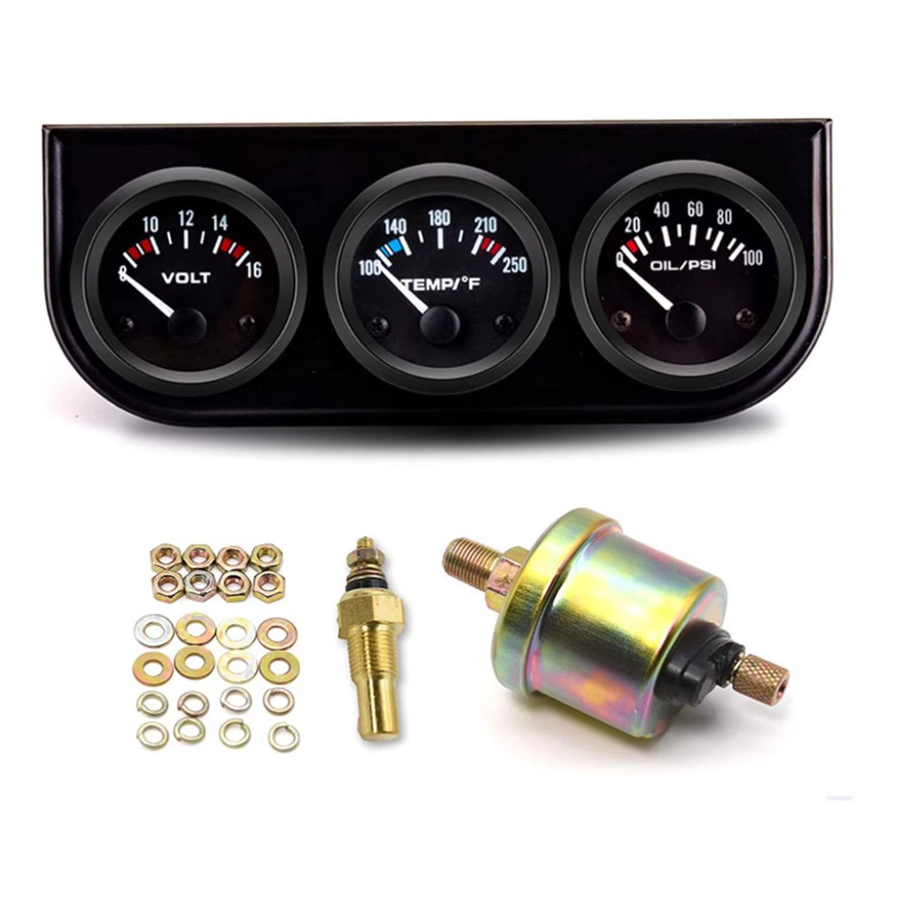 Universal 2” 52mm Black Volt Water Oil Pressure Triple 3 Gauge Set Gauges Kit