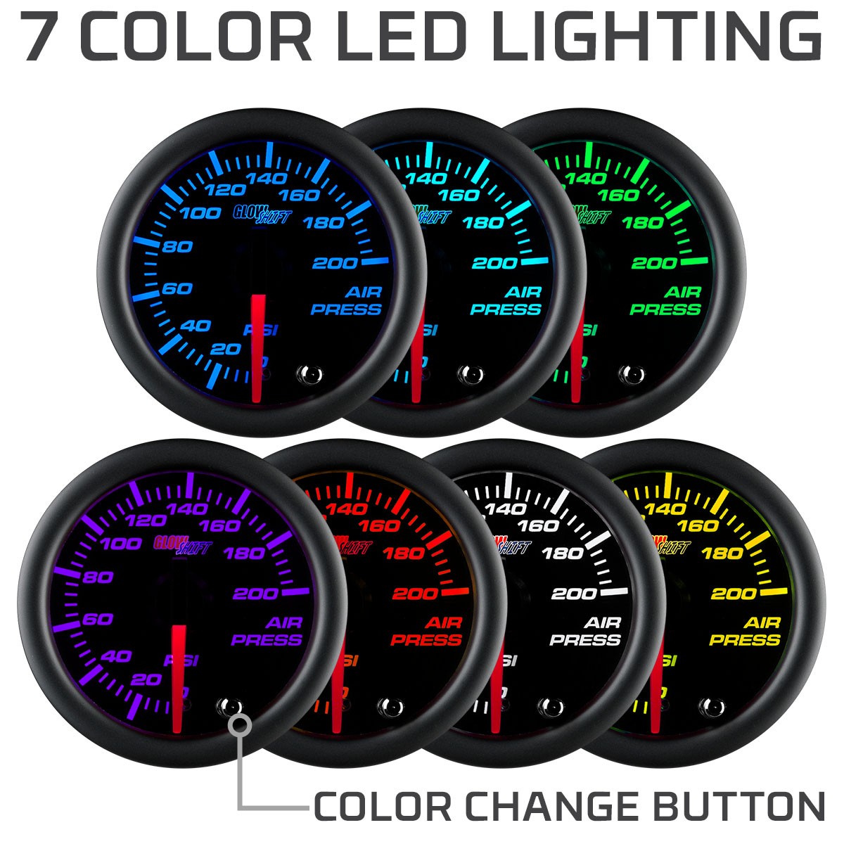 52mm GlowShift Tinted Mechanical Air Pressure PSI Gauge Meter Kit w 7 LED Colors