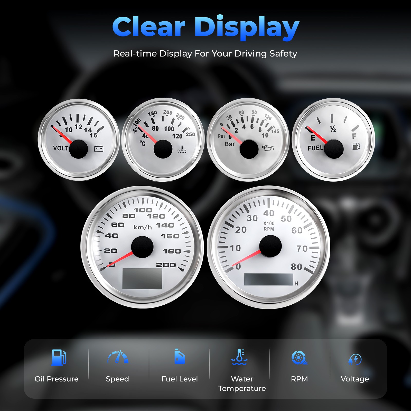 Universal 6 Gauge Kit GPS Speedometer Fit Car Marine Boat Truck Yacht Waterproof