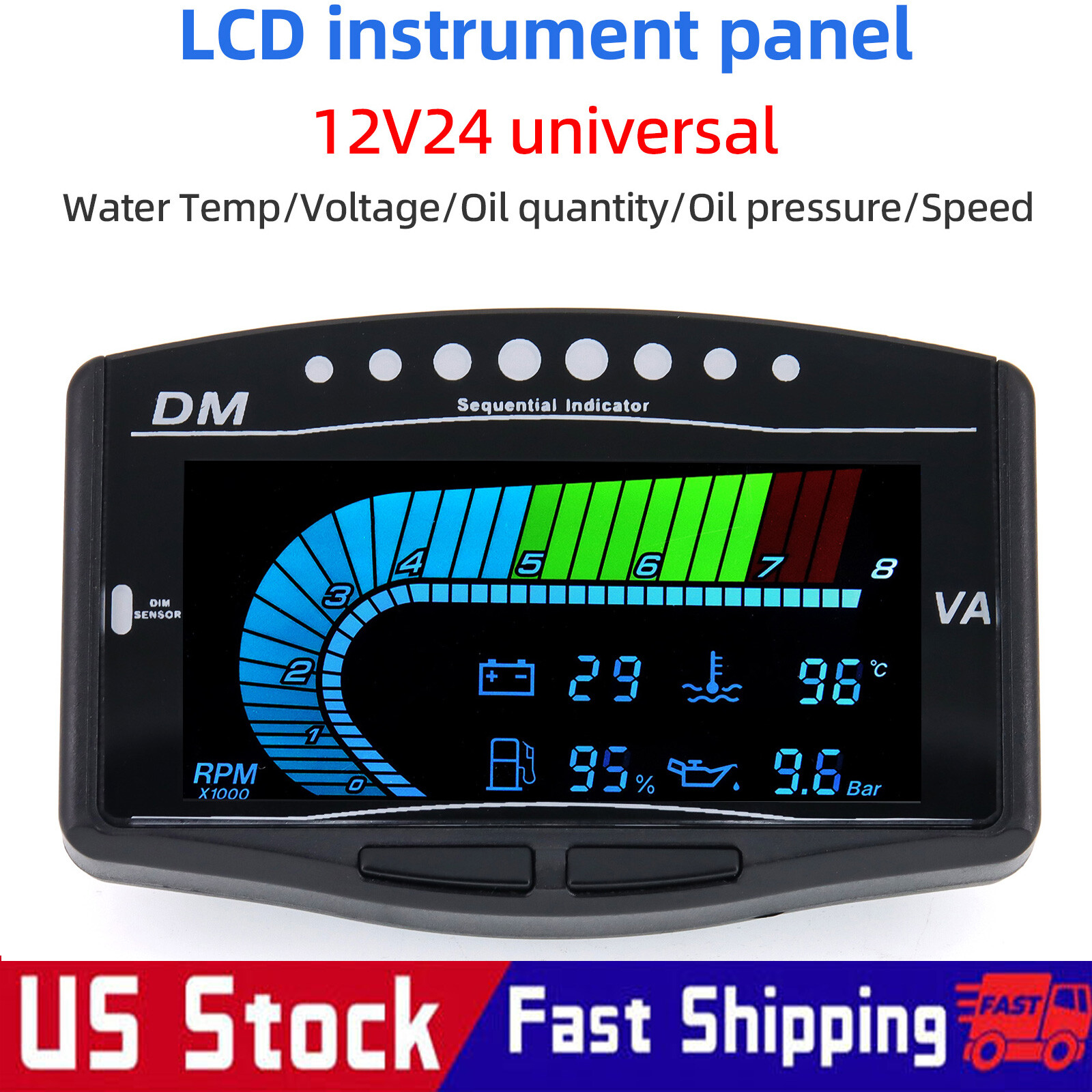 5 IN 1 LCD Digital Gauge Tacho/Fuel/Oil Pressure/Water Temp/Volt Gauge For Car