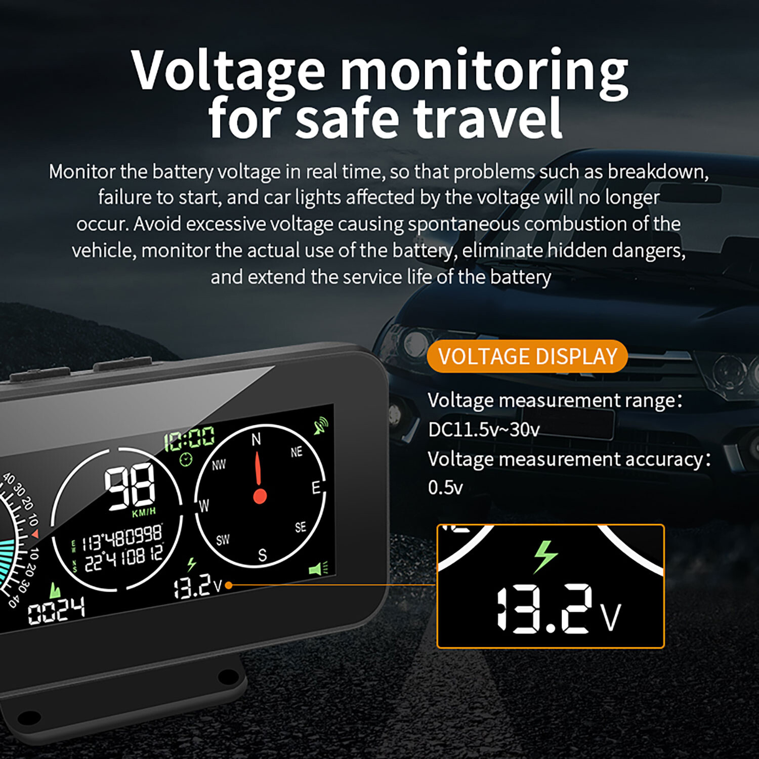 Car Digital GPS Inclinometer HUD MPH Speedometer Compass Off-Road Slope Meter