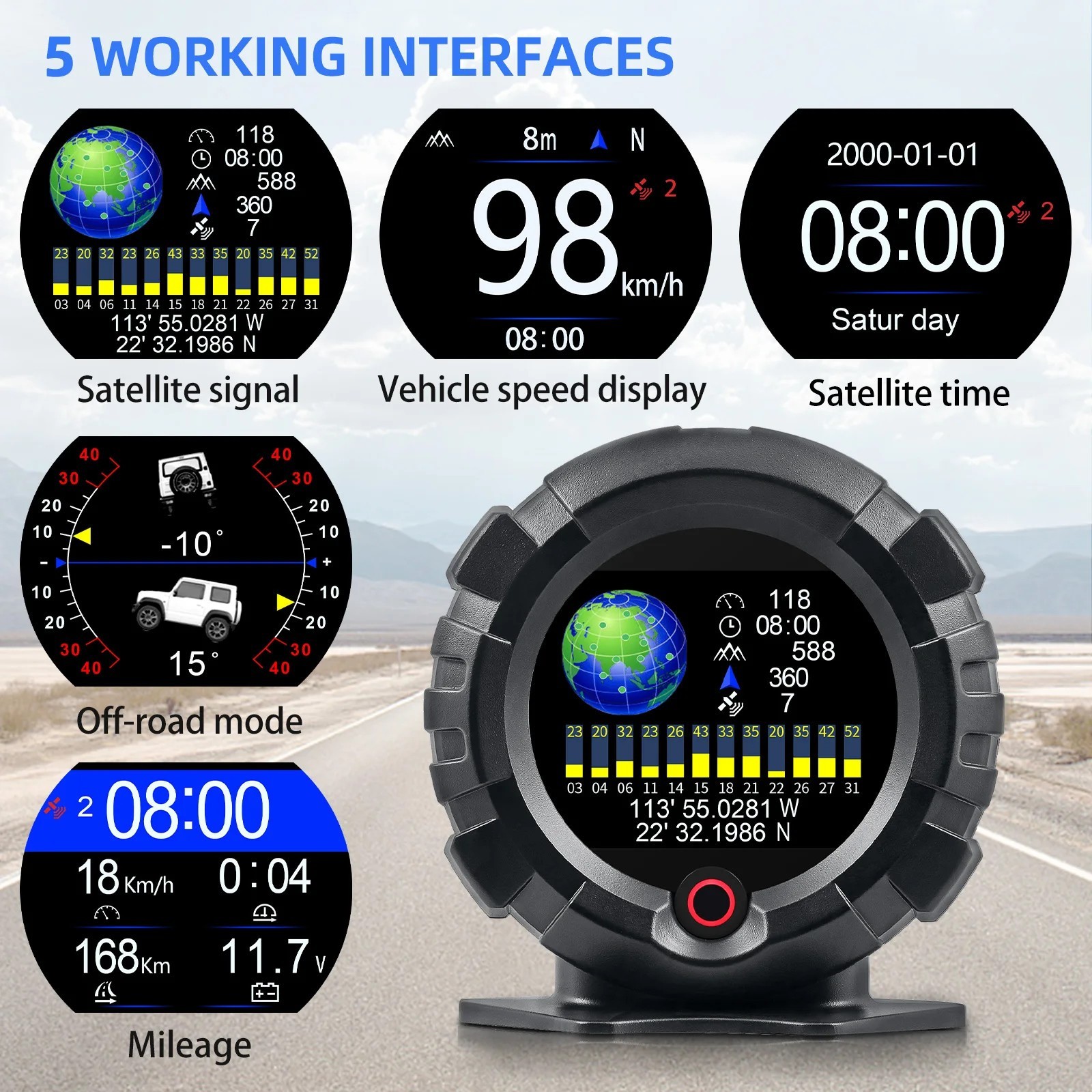 Black Off-road Car Slope Meter Digital Head Up Display Inclinometer Speedometer