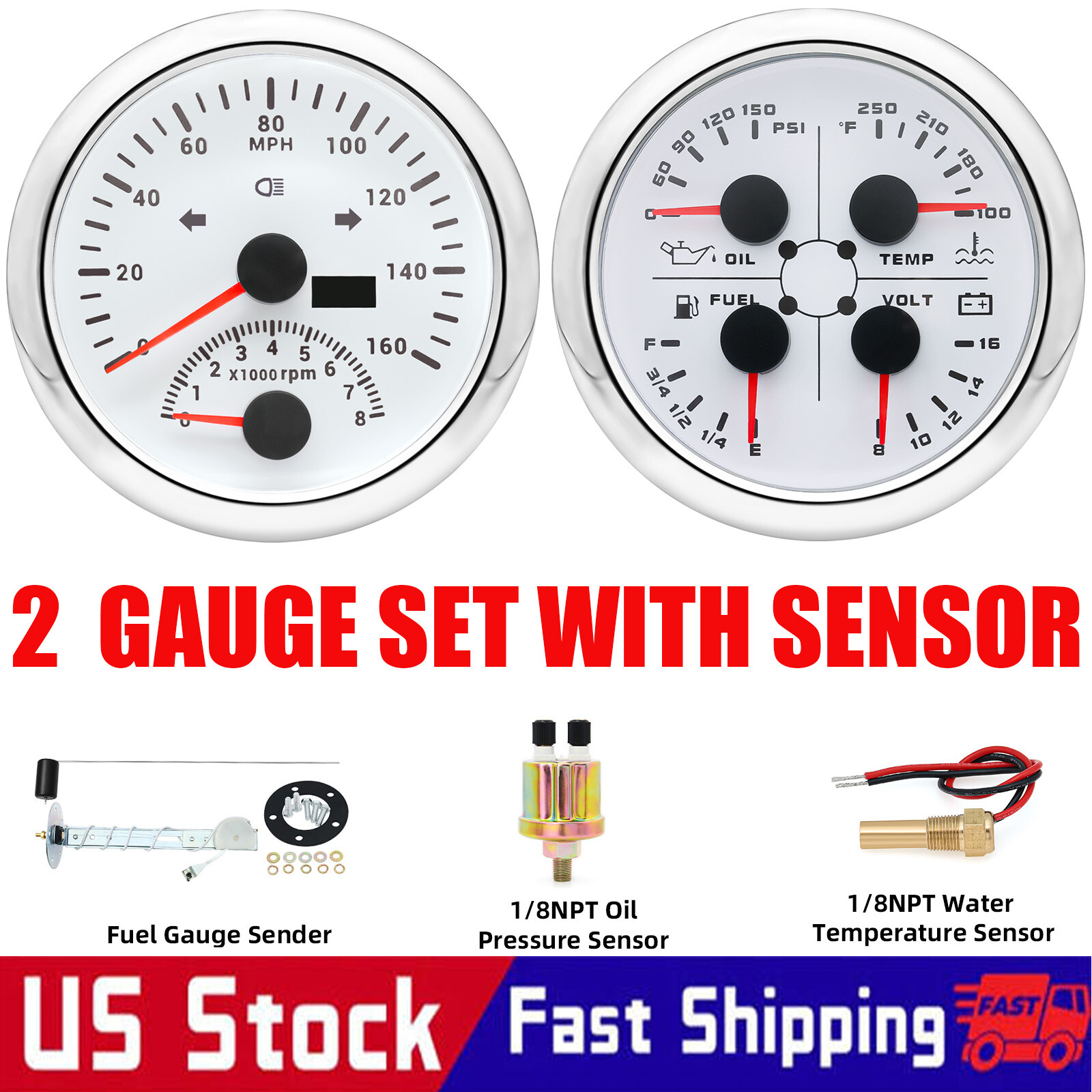 85mm White GPS Speedometer 0-160MPH with Tacho 8000RPM 4 IN 1 Gauge with Sensor