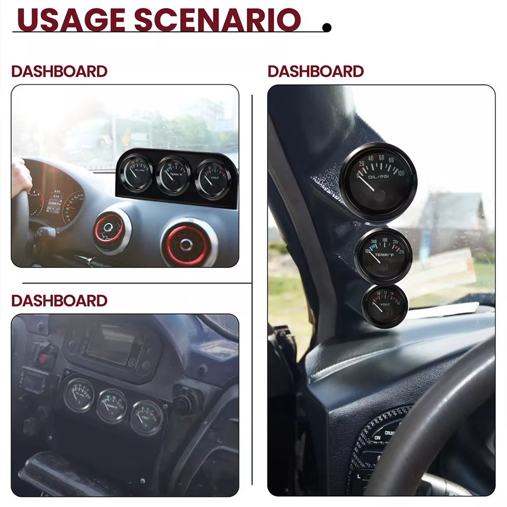 Universal 2” 52mm Black Volt Water Oil Pressure Triple 3 Gauge Set Gauges Kit