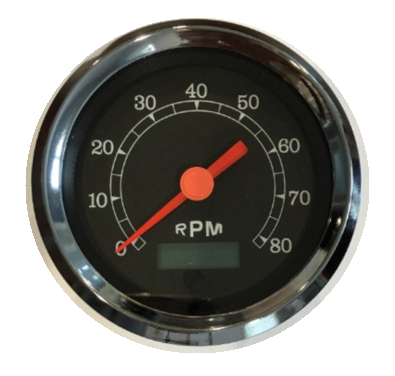 Tachometer, programmable, 3-3/8″/86mm,8K RPM,LED light, black/chrome, 043-TA-BC