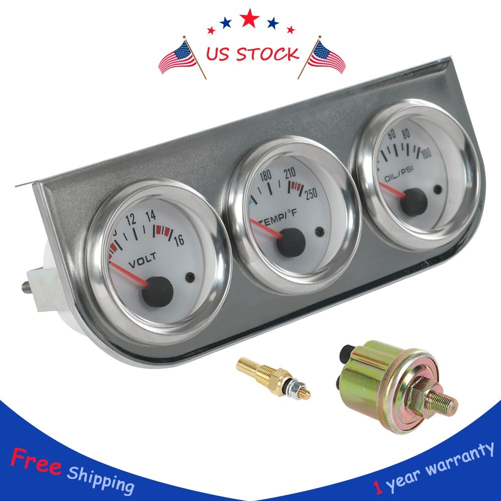 2” 52mm Mechanical Chrome Triple 3 Gauge Set Oil Pressure Volt Meter Water Temp