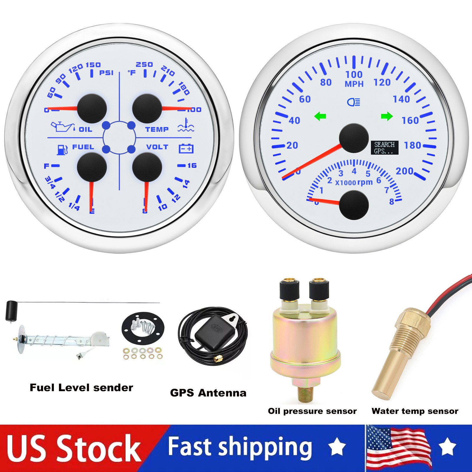 85mm GPS Speedometer 0-200MPH with Tachometer 0-8000RPM 4in 1 Gauge with Senders