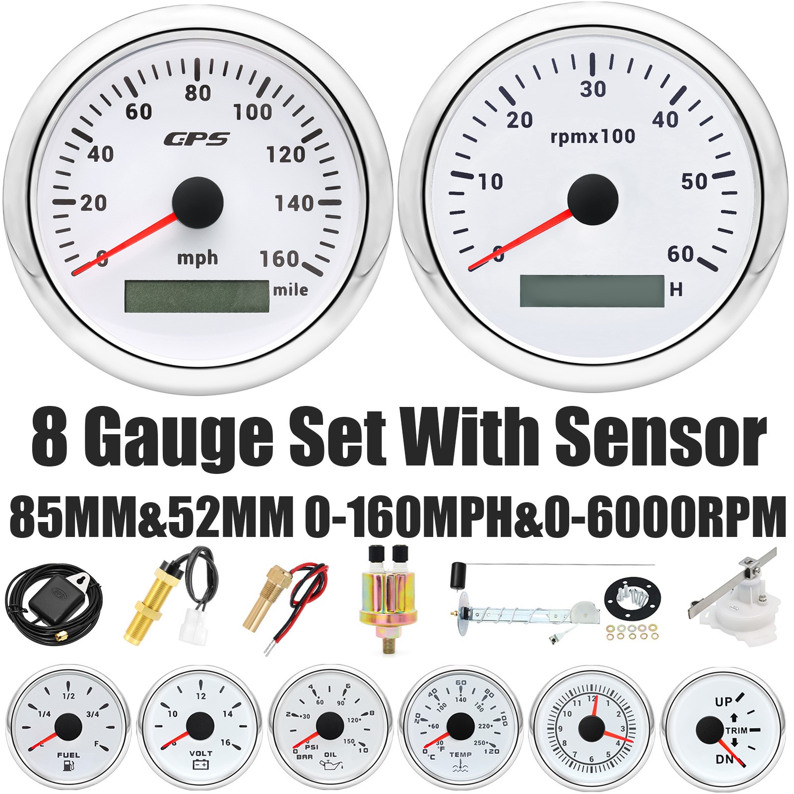 8 Gauge Set With Sensor 85mm White GPS Speedometer 160MPH&Tacho 6000RPM Gauge