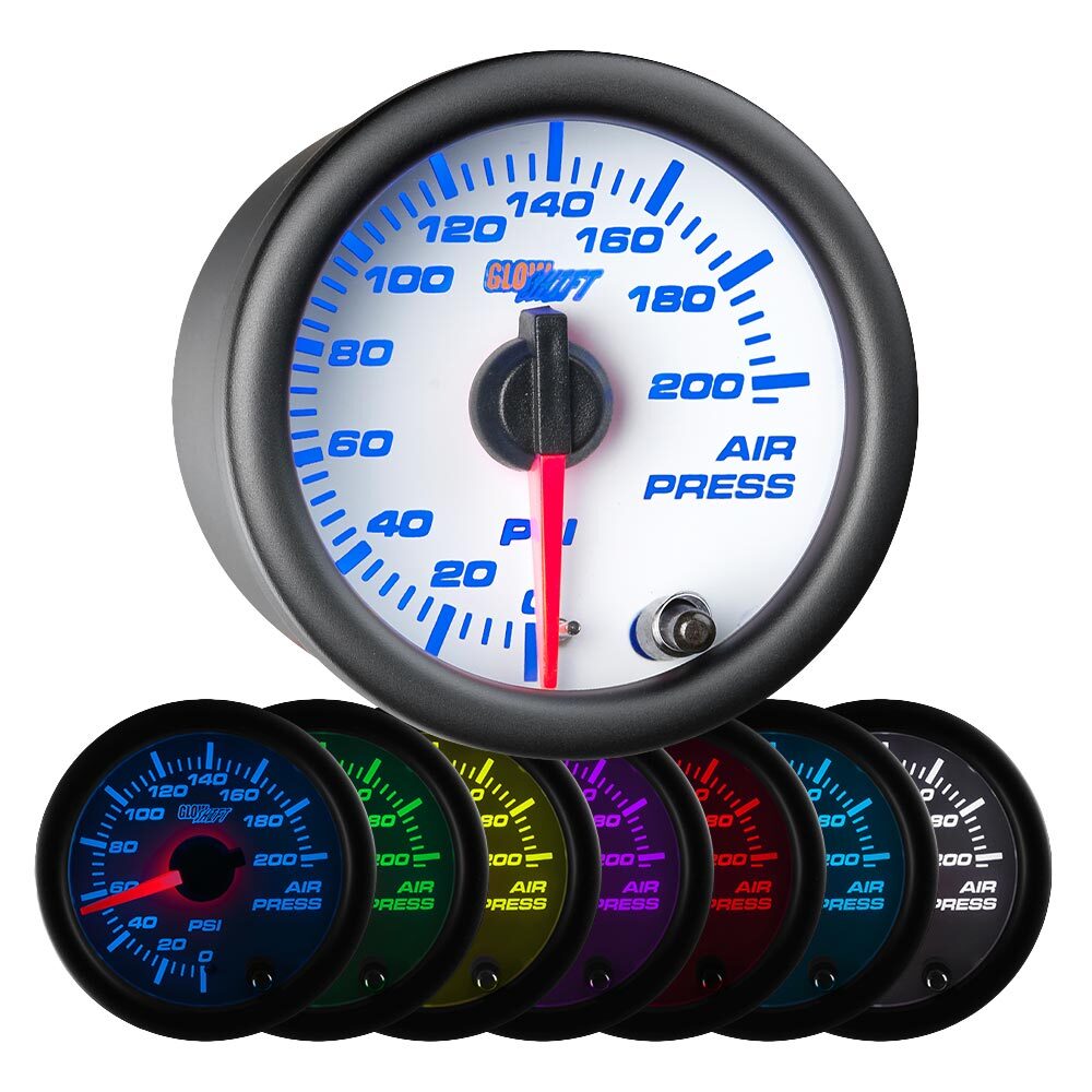 52mm GLOWSHIFT WHITE 7 COLOR 0-200psi AIR PRESSURE GAUGE AIR RIDE BAGS