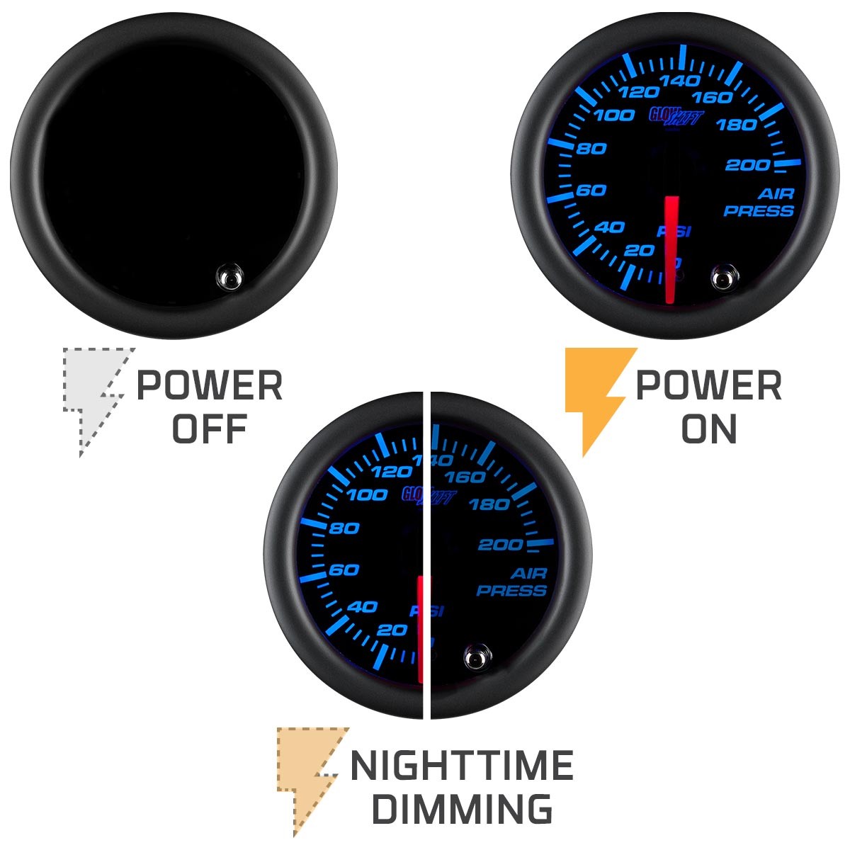 52mm GlowShift Tinted Mechanical Air Pressure PSI Gauge Meter Kit w 7 LED Colors