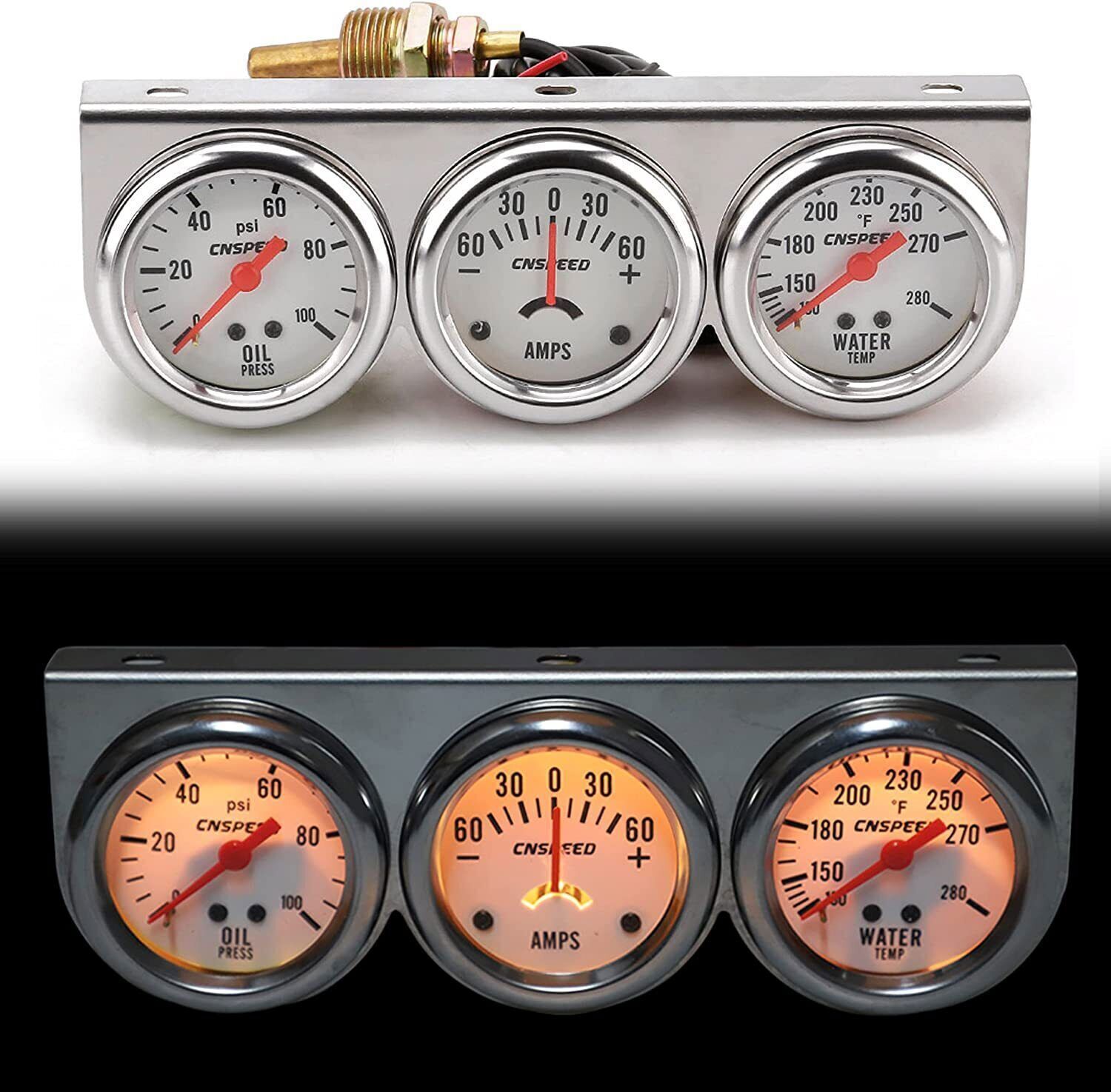 2″52mm Oil Pressure Amp Meter Water Temp Triple Gauge 3 in 1 Set Chrome Gauges