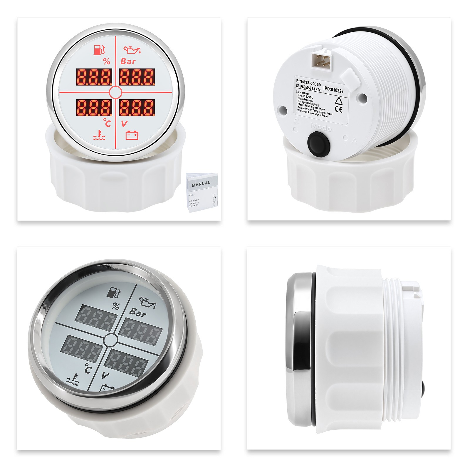 52mm 4in1 Gauge Car Fuel Level Gauge 240-33ohm Water Temp Oil Pressure Voltmeter