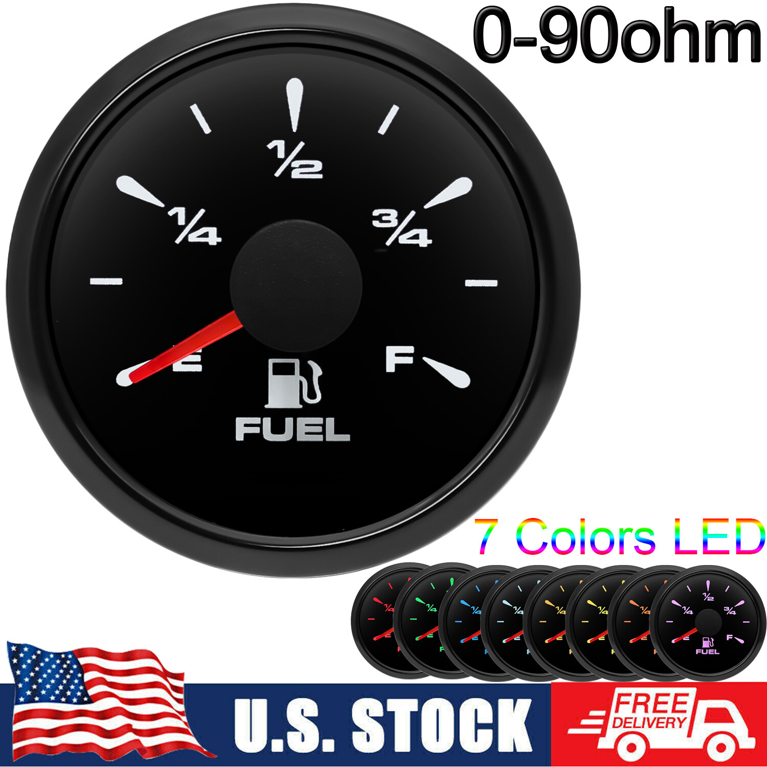2″ 52mm Fuel Level Gauge 7 Colors LED 0-90ohms for Boat Car Truck US STOCK