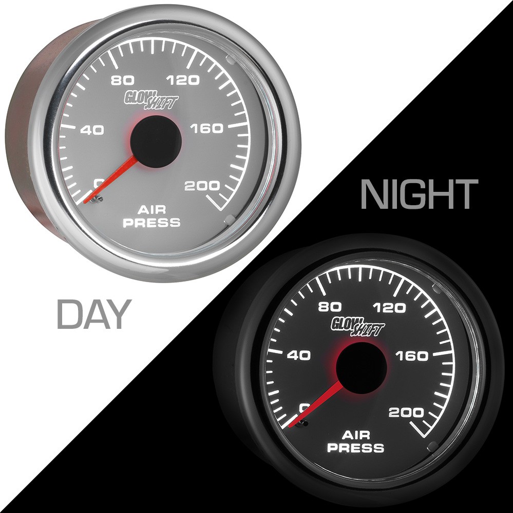 52mm GlowShift White Mechanical Analog Air Pressure Gauge Kit 200 PSI