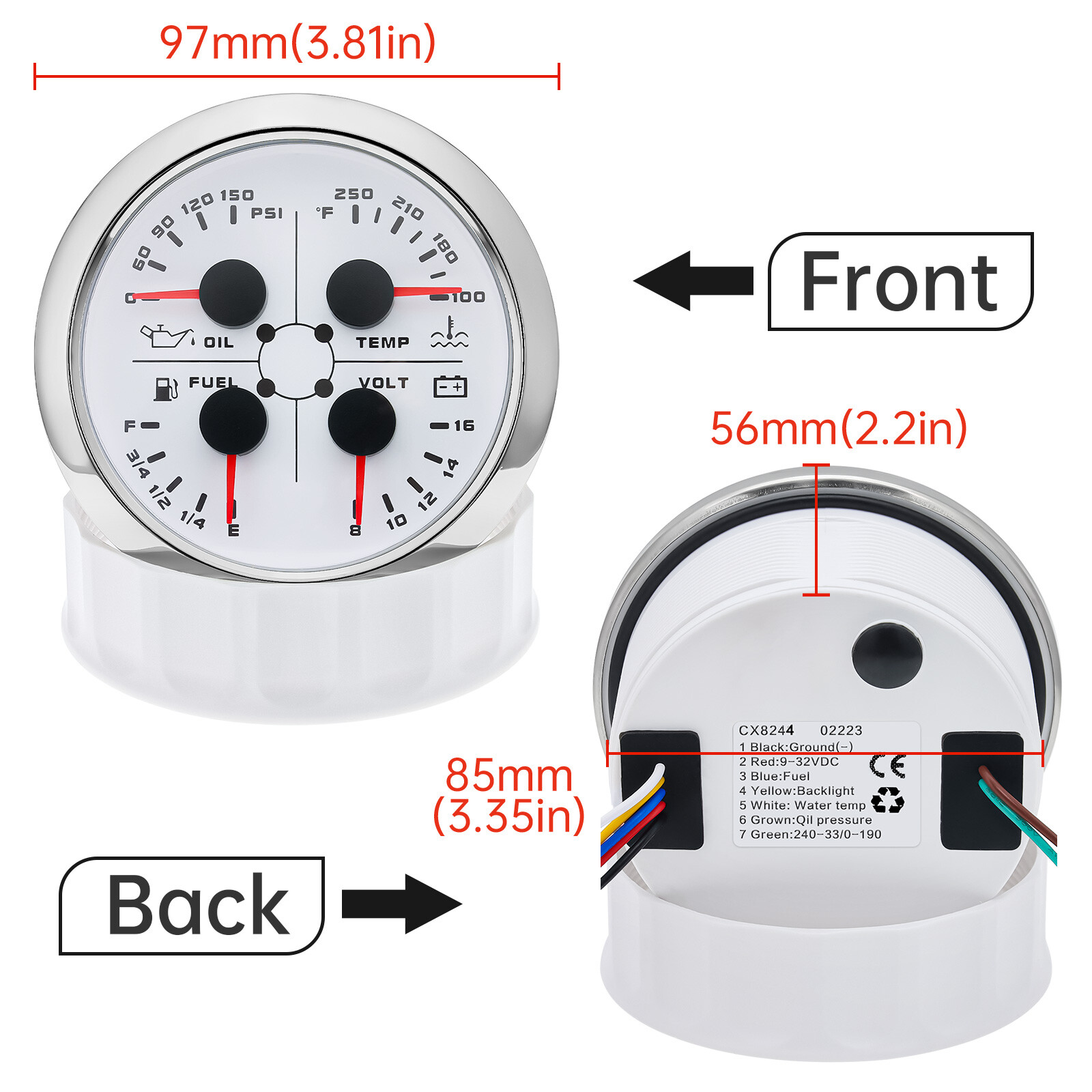 85MM 4 IN 1 Gauge Fuel Level 240-33ohms Oil Pressure Water Temp Volt With Sensor