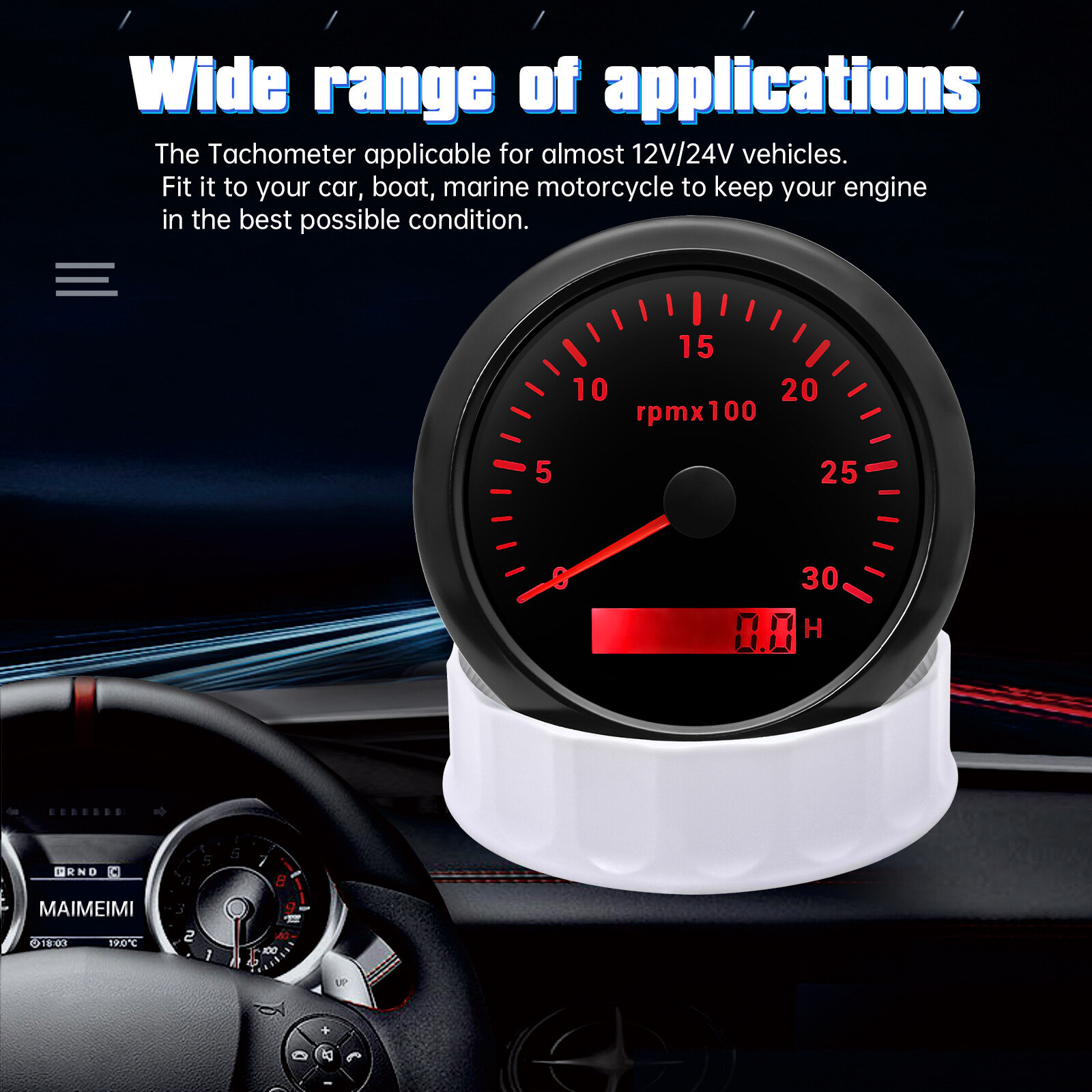 85mm Diesel Engine Tachometer 0-3000RPM Tacho Gauge With Tacho Adapter Sensor US