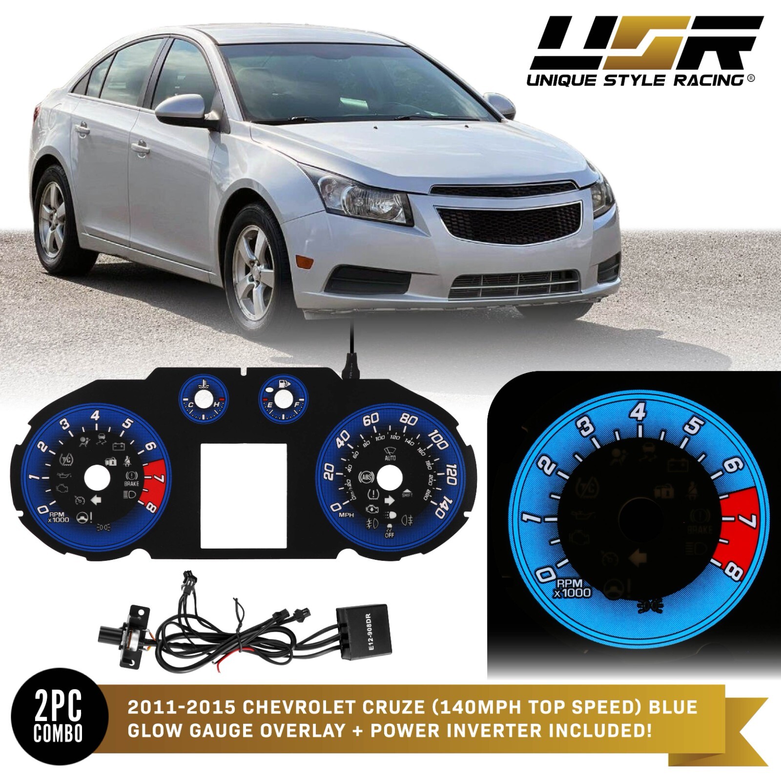 BLUE Glow Gauge Black Overlay For 11-15 Chevy Cruze 140MPH Instrument Cluster