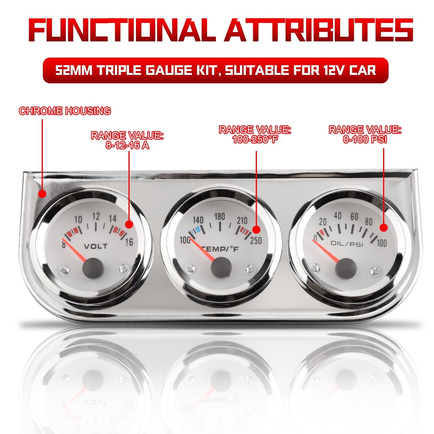 3 in1 52mm 2″ Chrome Car Triple Gauge Set Kit Amp Meter Water Temp Oil Pressure