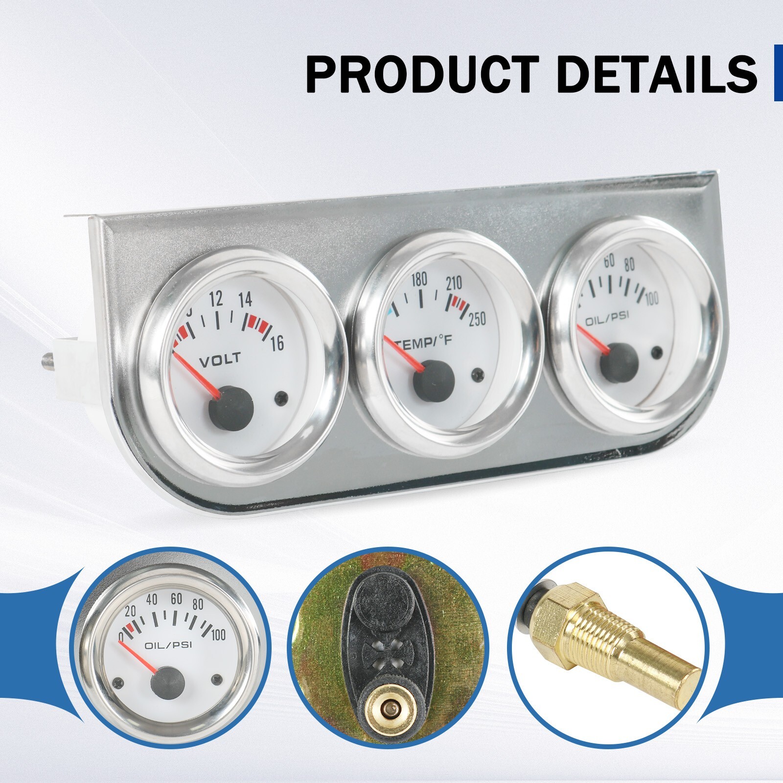 2” 52mm Mechanical Chrome Triple 3 Gauge Set Oil Pressure Volt Meter Water Temp