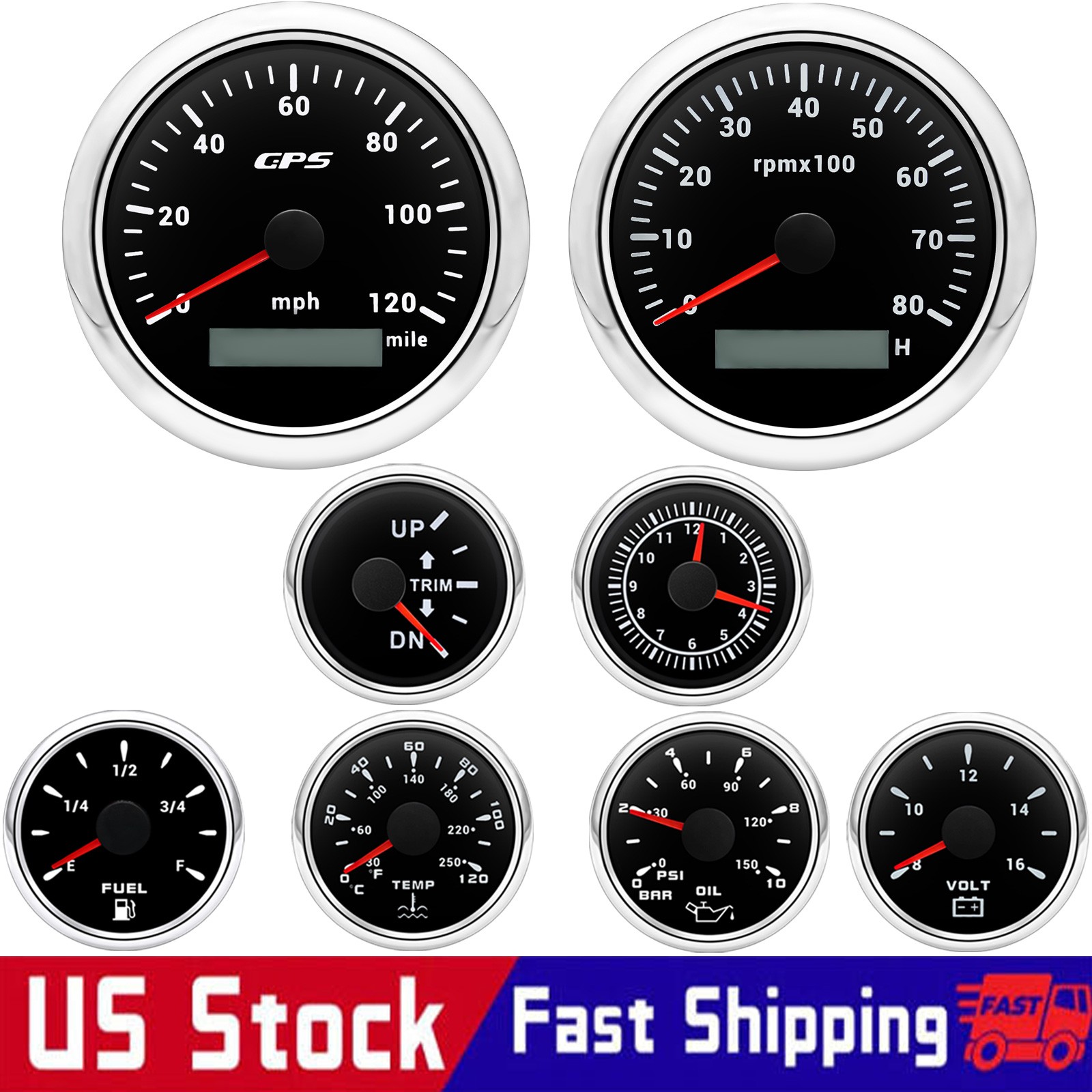 8 Gauge Set 85mm GPS Speedometer 120MPH&tacho 8000RPM Gauge for Boat Waterproof