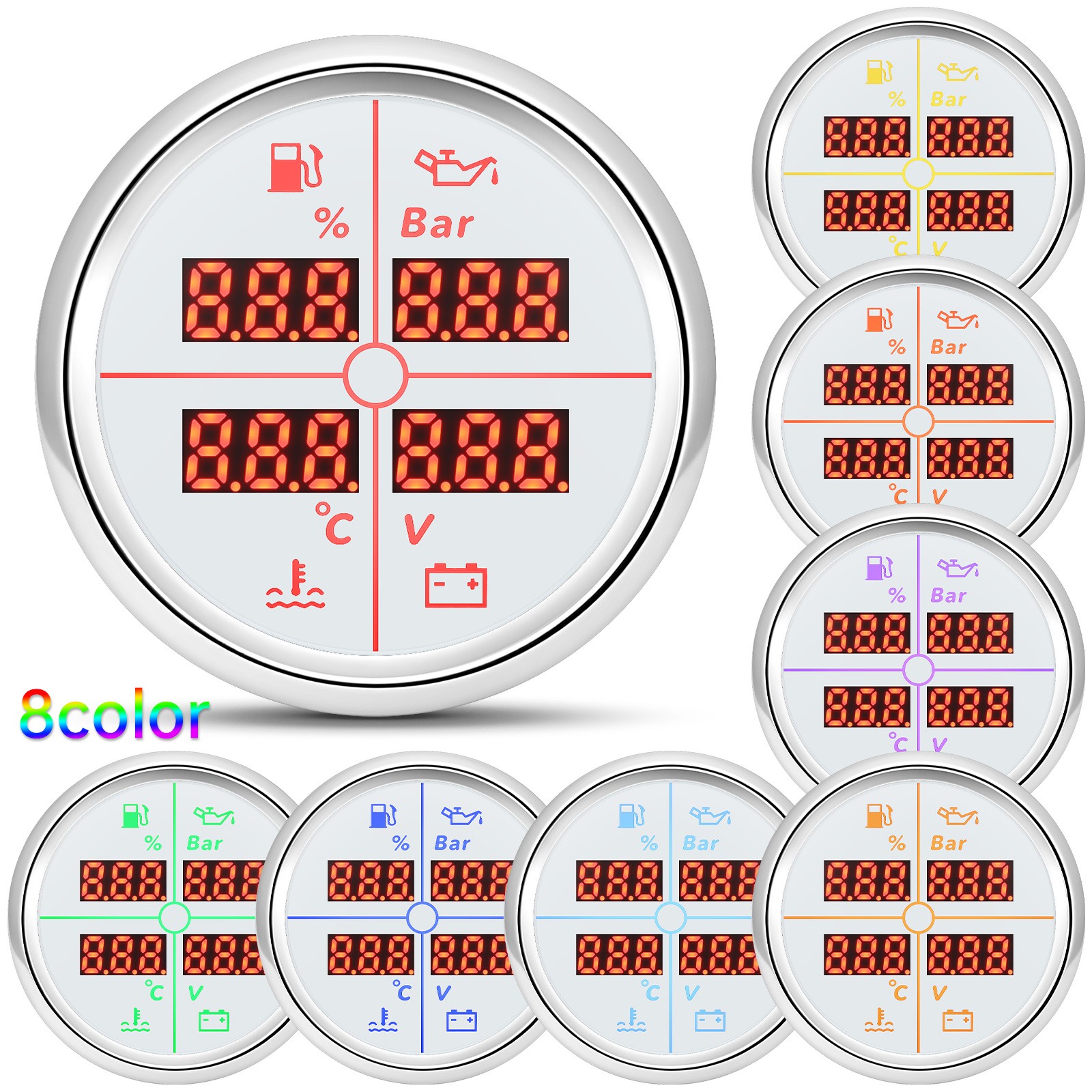 52mm 4in1 Gauge Car Fuel Level Gauge 240-33ohm Water Temp Oil Pressure Voltmeter