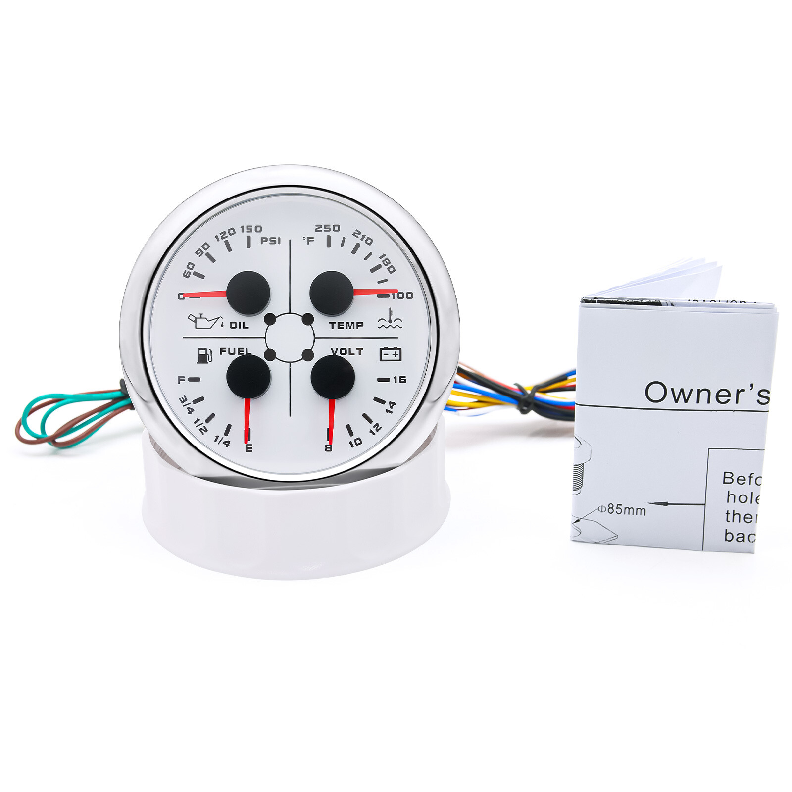 85MM 4 IN 1 Gauge Fuel Level 240-33ohms Oil Pressure Water Temp Volt With Sensor