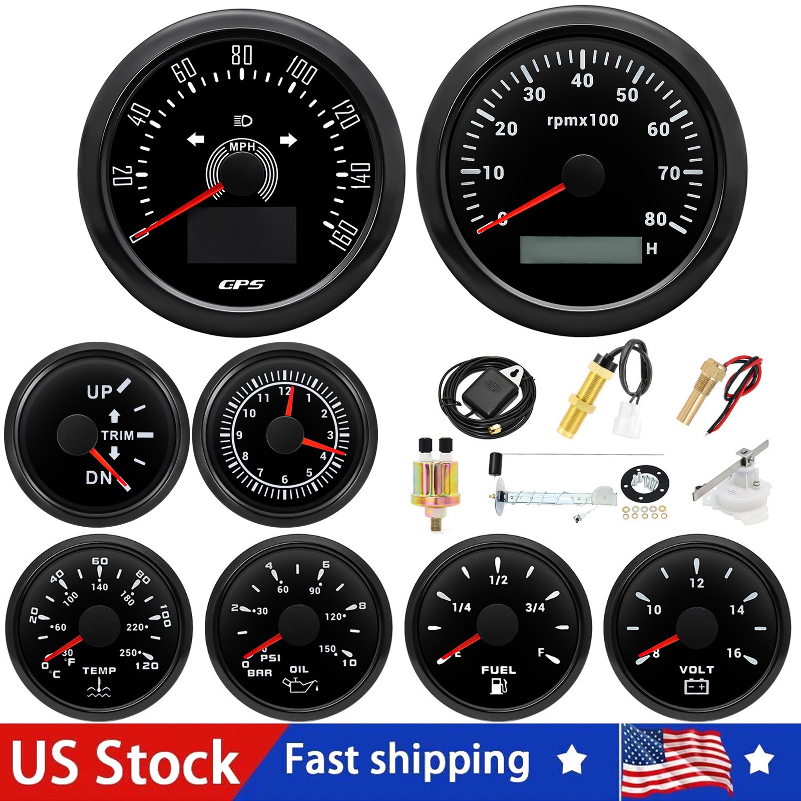 8 Gauge Set With Sensor 85mm Black GPS Speedometer 0-160MPH&Tacho 0-8000RPM US
