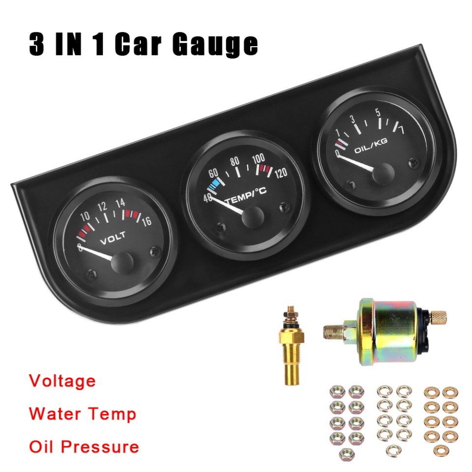 2″ 52MM 3IN1 TRIPLE GAUGE SET VOLT WATER METER TEMP OIL PRESSURE KIT BLACK FACE
