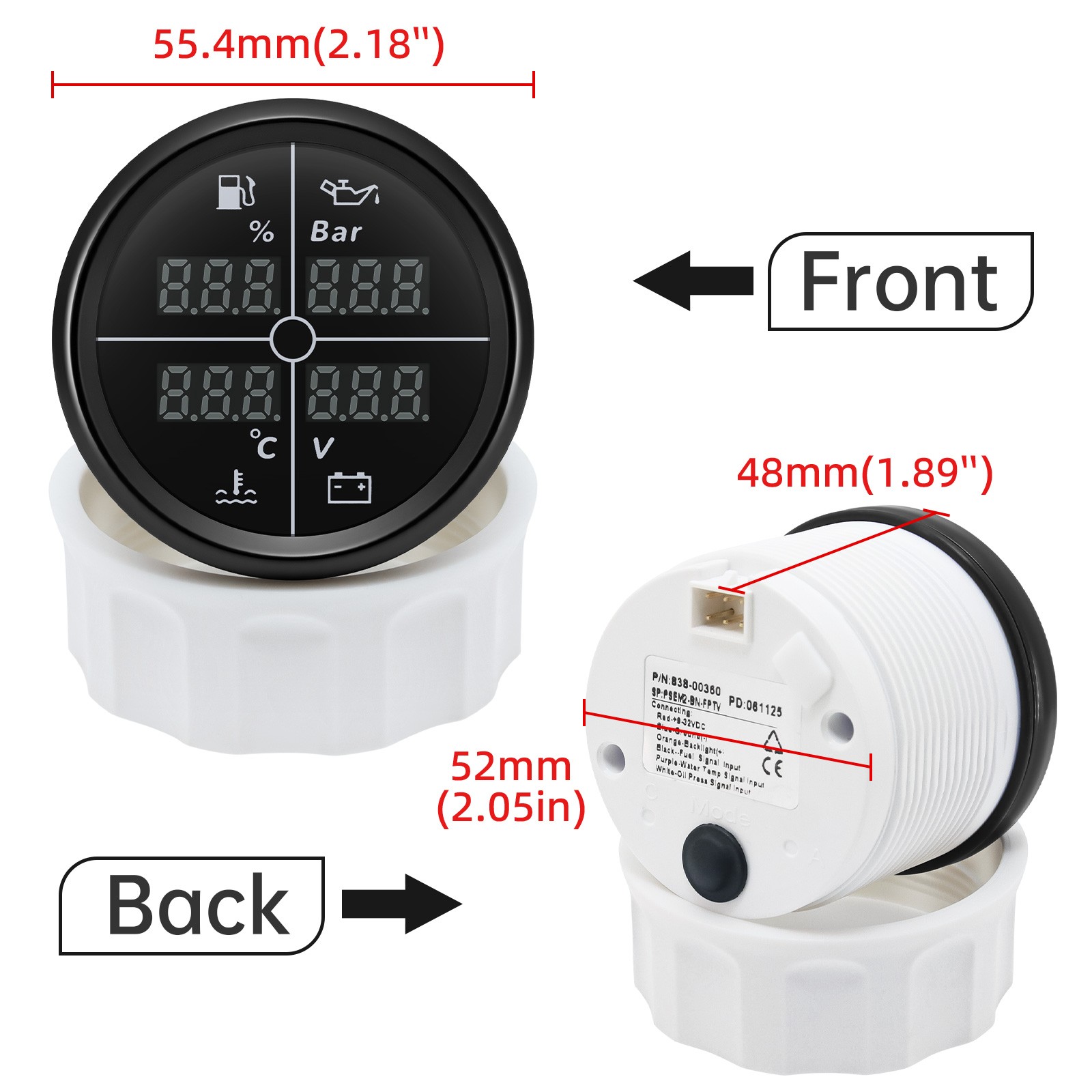 52mm 4 IN 1 Multifunction Gauge Fuel Oil Pressure Water Temp Volt With Sensor