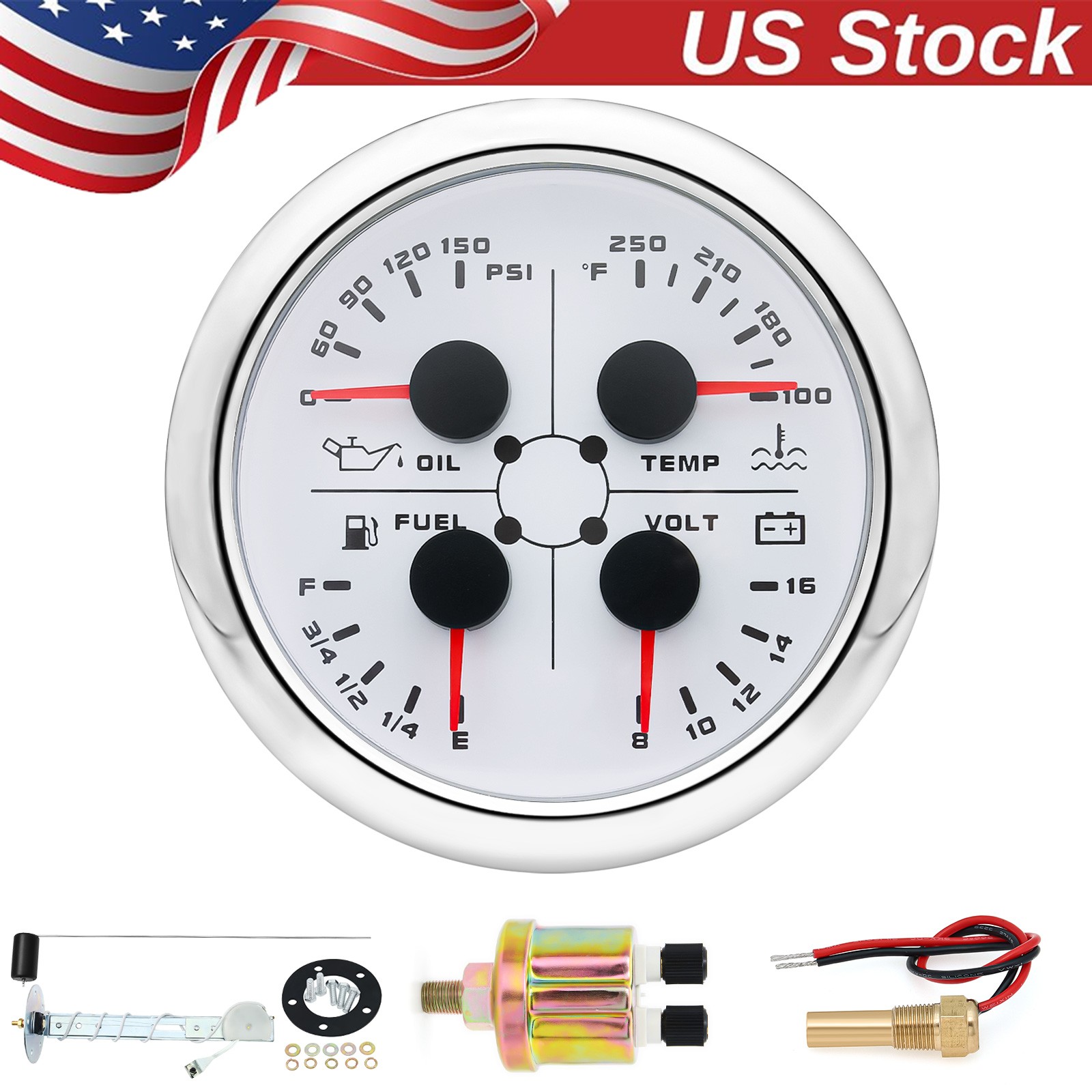 85MM 4 IN 1 Gauge Fuel Level 240-33ohms Oil Pressure Water Temp Volt With Sensor
