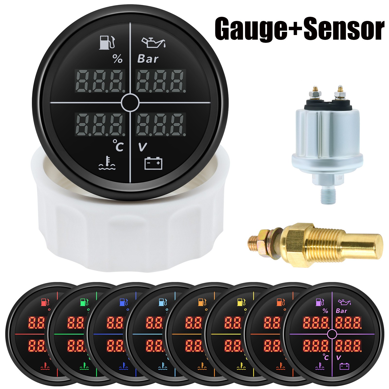 52mm 4 IN 1 Multifunction Gauge Fuel Oil Pressure Water Temp Volt With Sensor