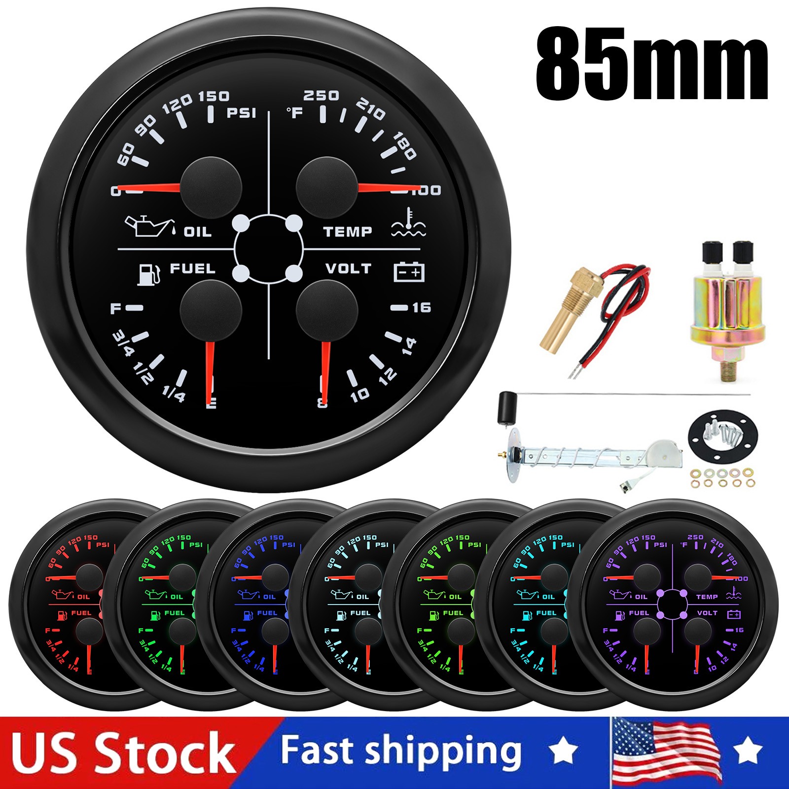 85mm 4 IN 1 Multifunction Gauge Fuel Oil Pressure Water Temp Volt With Sensor US