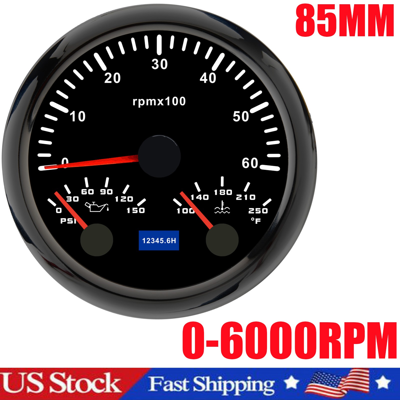 85mm 3 IN 1 Gauge Tacho 0-6000RPM with Water Temp 100-250℉ Oil Pressure 0-150PSI