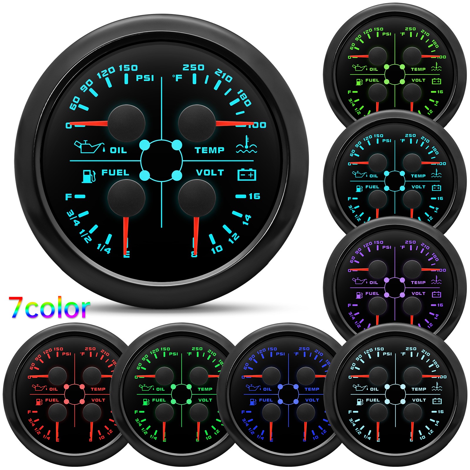 85mm 4in 1 Gauge Boat Fuel Level 240-33ohms Water Temp Oil Pressure Voltmeter US