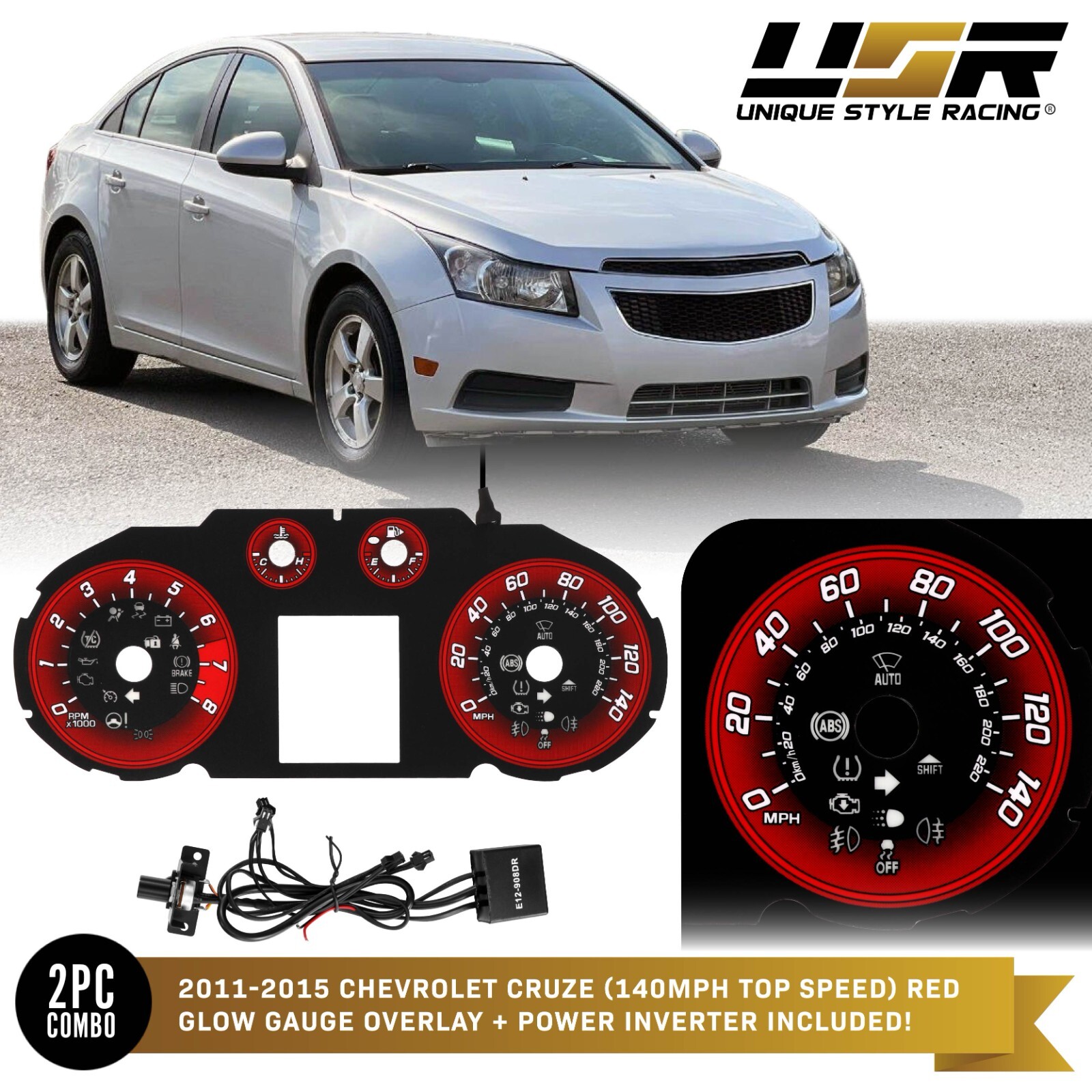 RED Glow Gauge Black Overlay For 11-15 Chevy Cruze 140MPH Instrument Cluster