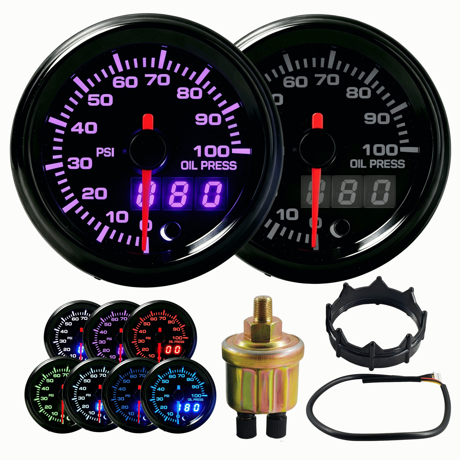 2” 52mm Oil pressure gauge 7 colors Led Oil press gauge Car Meter Dual Display