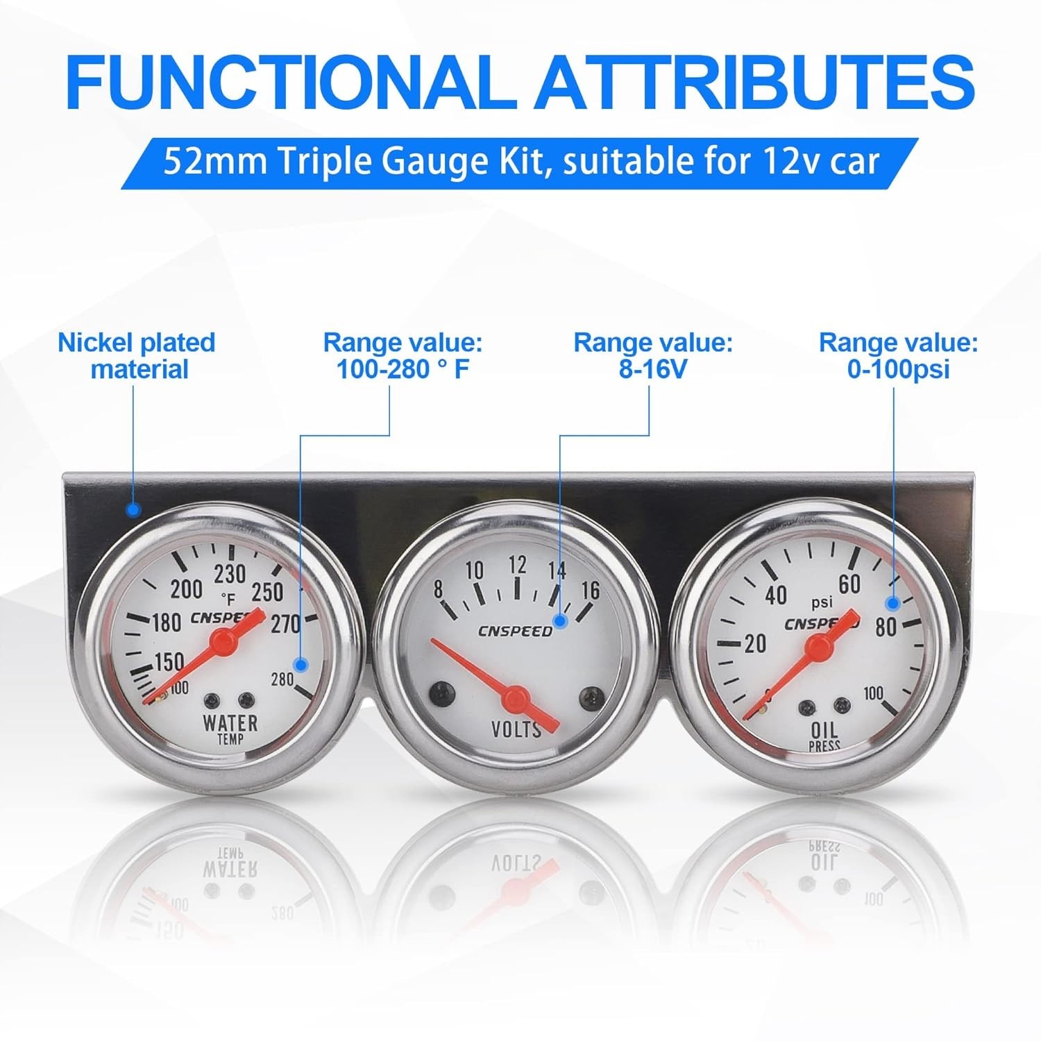 2inch 52mm Triple Gauge Kit, Volt Meter Water Temp Temperature Gauge Oil Pressur