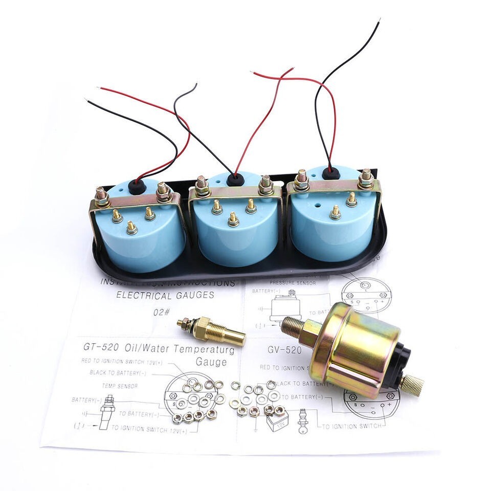 2″ 52MM 3IN1 TRIPLE GAUGE SET VOLT WATER METER TEMP OIL PRESSURE KIT BLACK FACE