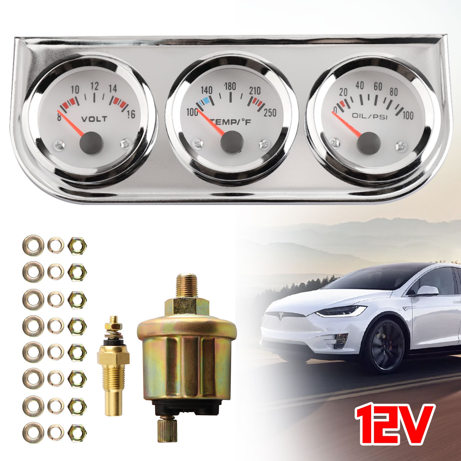 3 in1 52mm 2″ Chrome Car Triple Gauge Set Kit Amp Meter Water Temp Oil Pressure