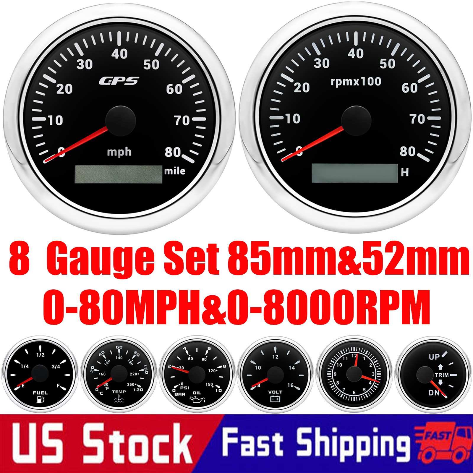 8 Gauge Set 85mm GPS Speedometer 80MPH&Tacho 8000RPM&52MM Fue/Oil/Temp/Volt/Trim