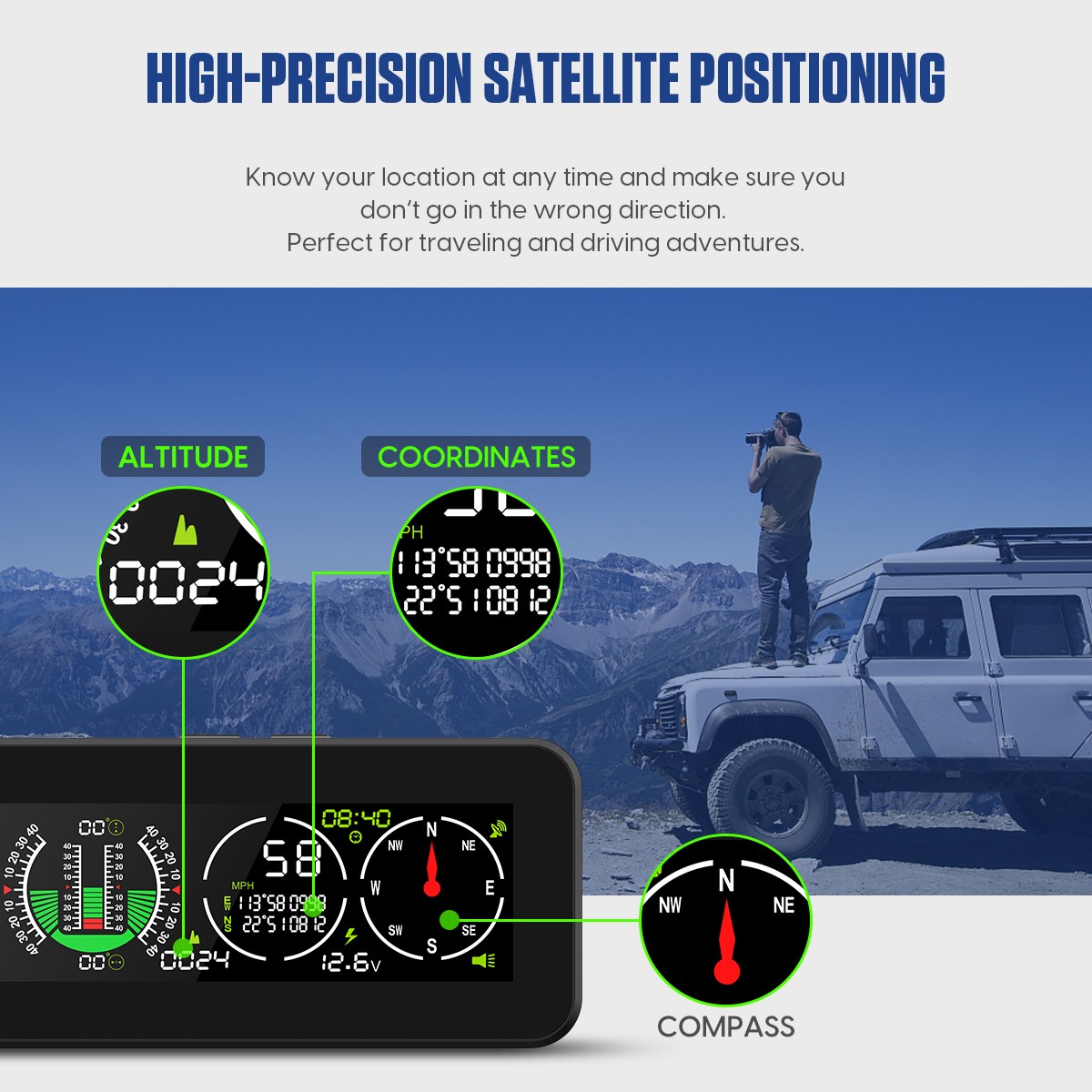 Car Inclinometer for Off-Road SUV Vehicles, MPH KMH GPS Speedometer with Compass