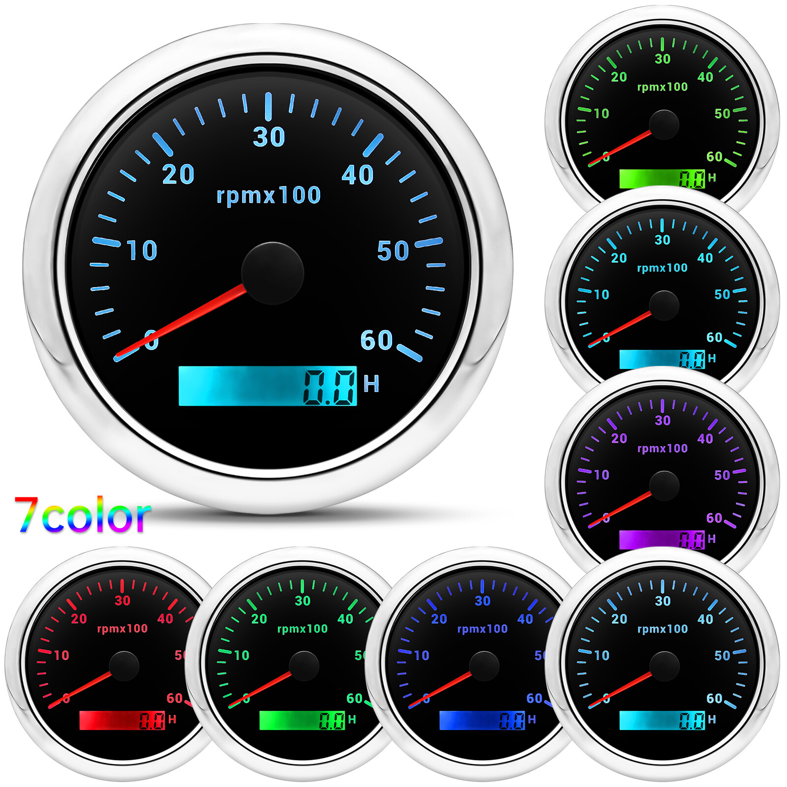 85mm Waterproof Tachometer Gauge 0-6000RPM W/ 7 Colors LED For Car Boat US STOCK