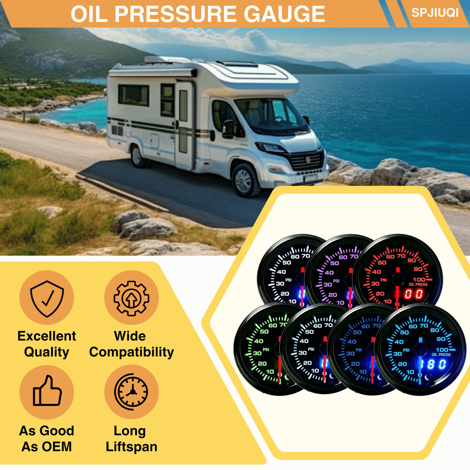 2” 52mm Oil pressure gauge 7 colors Led Oil press gauge Car Meter Dual Display
