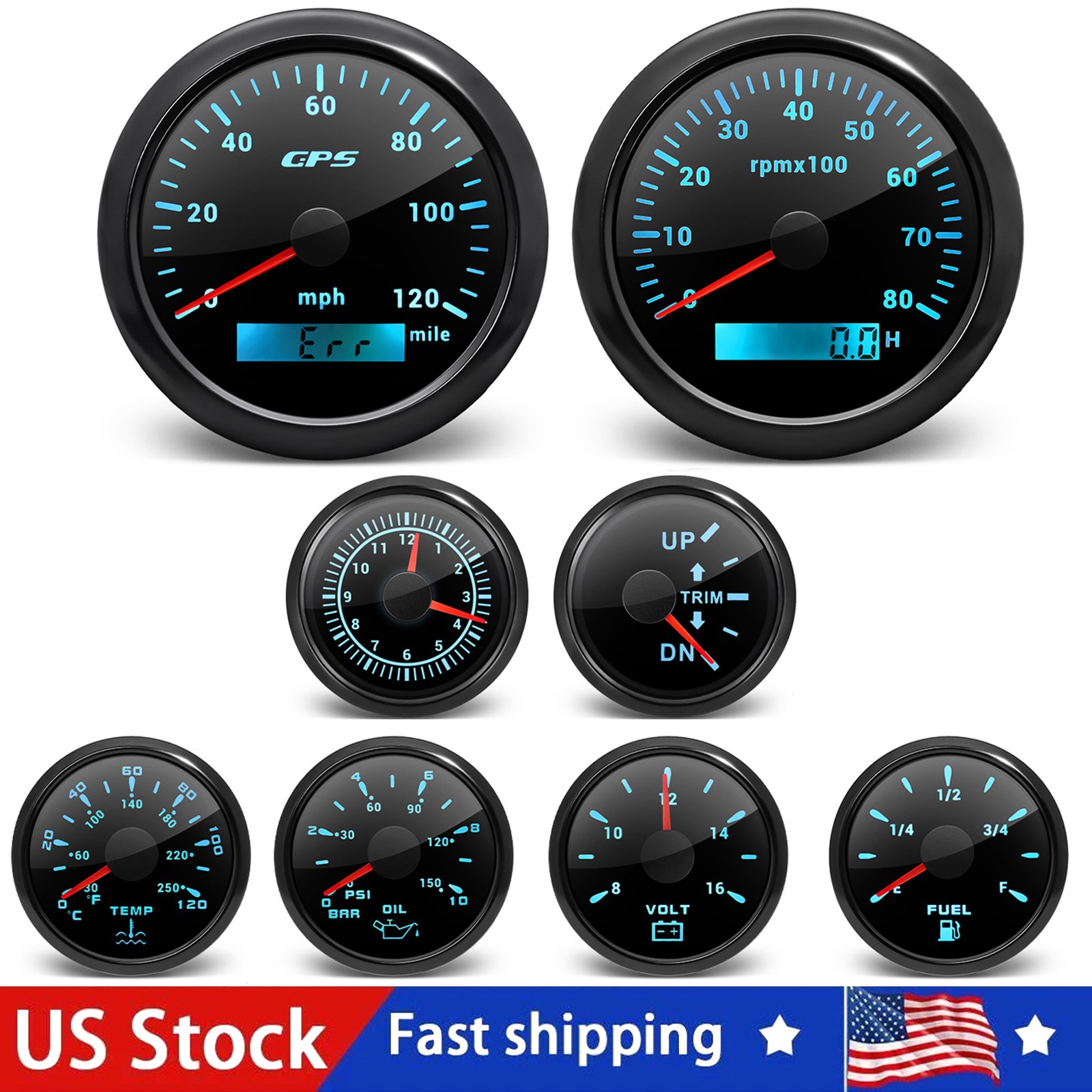 8 Gauge SET 85mm GPS Speedometer 120MPH Tacho Fuel/Volt/Oil/Temp/Tim/Clock Gauge