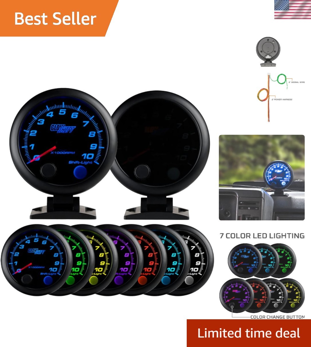Precision On-Dash Tachometer with Shift Light – 3-3/4″ Multi-Color Display