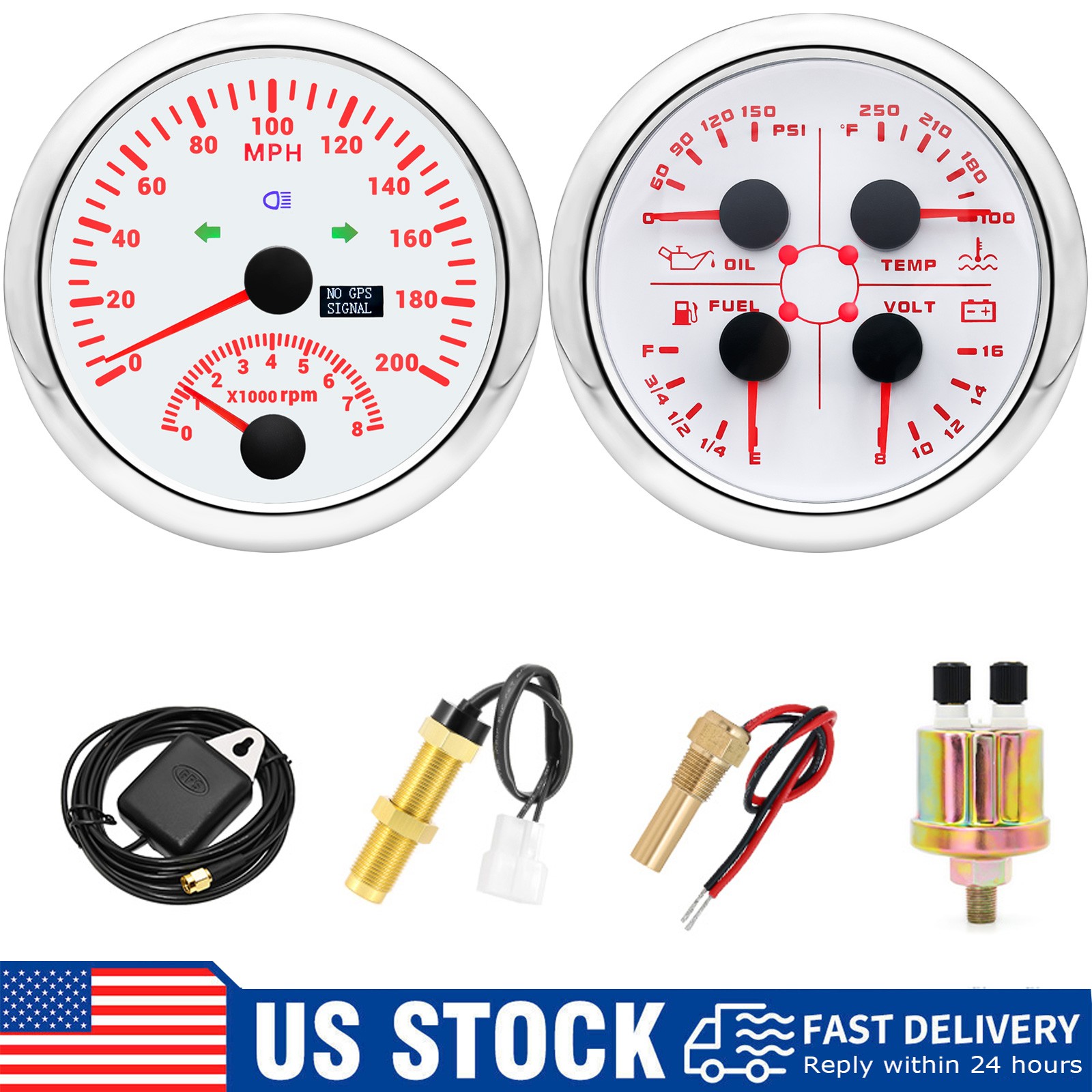 2 Gauge Set 85mm GPS Speedometer 200MPH Tacho 8000RPM&4 IN 1 Gauge With Sensor