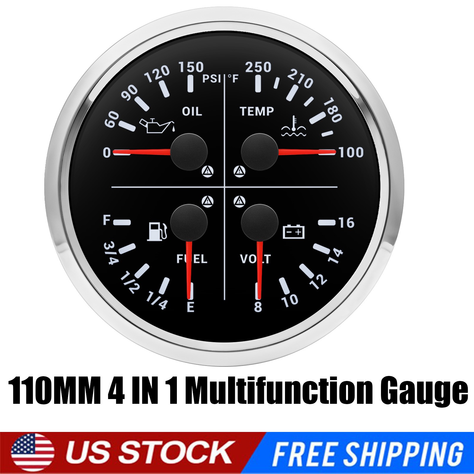 110MM Boat 4 IN 1 Multifunction Gauge Fuel Level Oil Pressure Water Temp Volt US