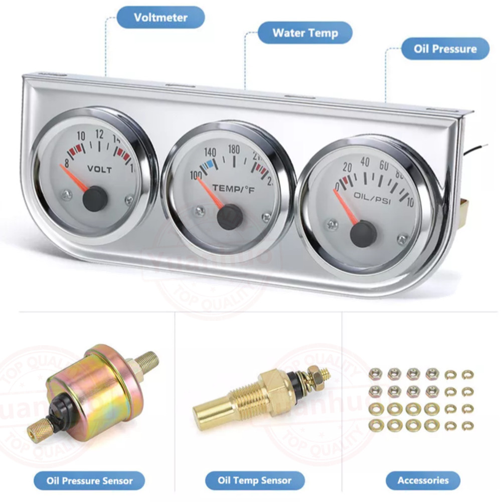 2″ 52mm Chrome Car Triple Gauge Set Kit 3in1 Water Temp Oil Pressure Volt Meter